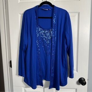 Quacker Factory XL royal blue tank w/long sleeve attached open front sweater
